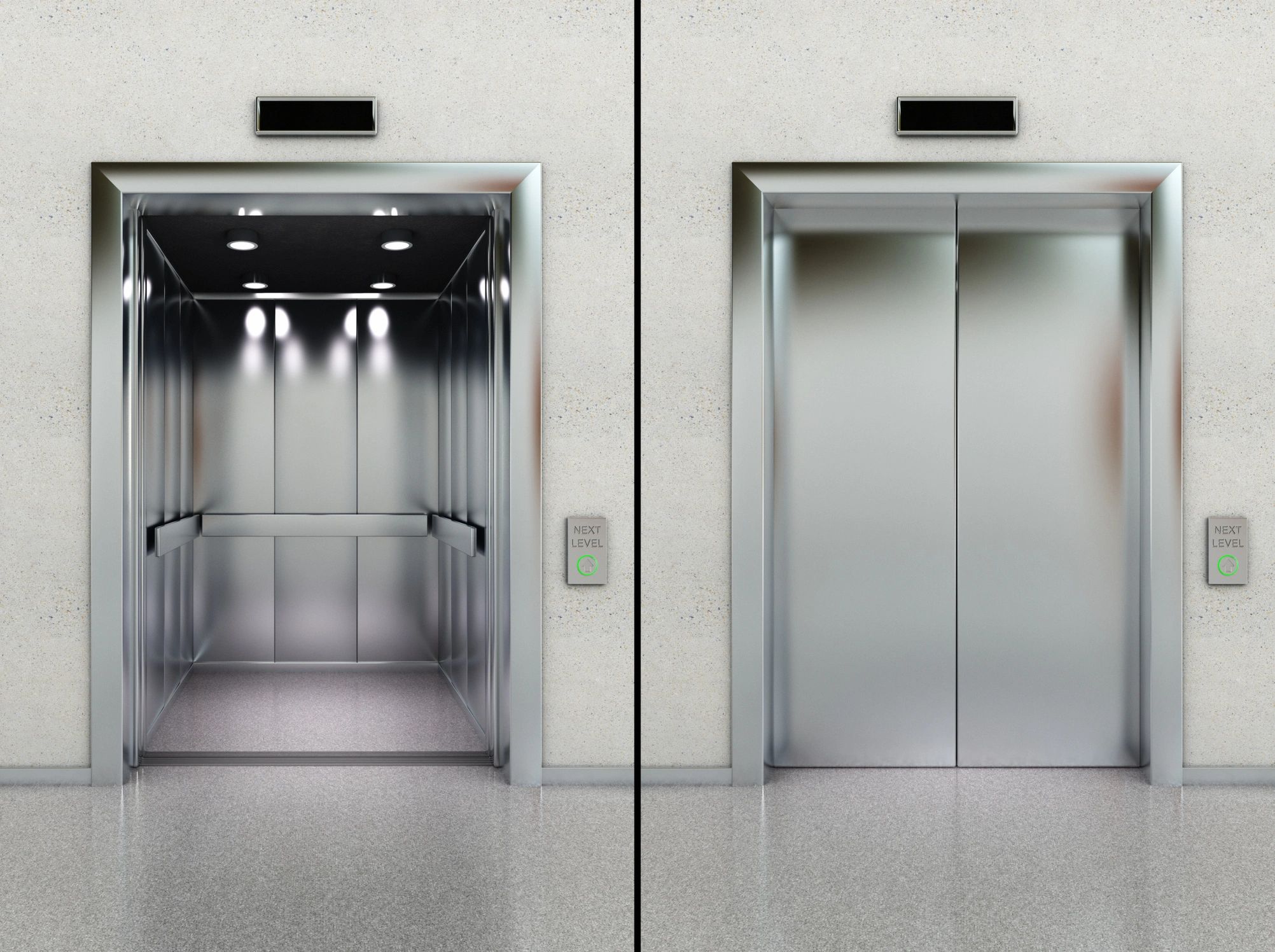 Black-and-white industrial elevator doors (open and closed)